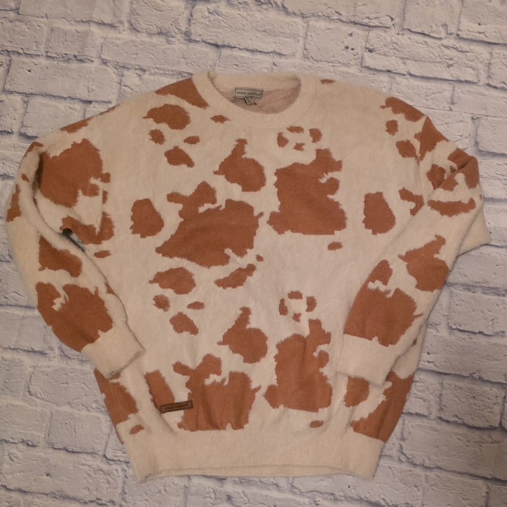 Simply Southern Women’s Cow Print Long Sleeve Fuzzy Sweater | Size XL